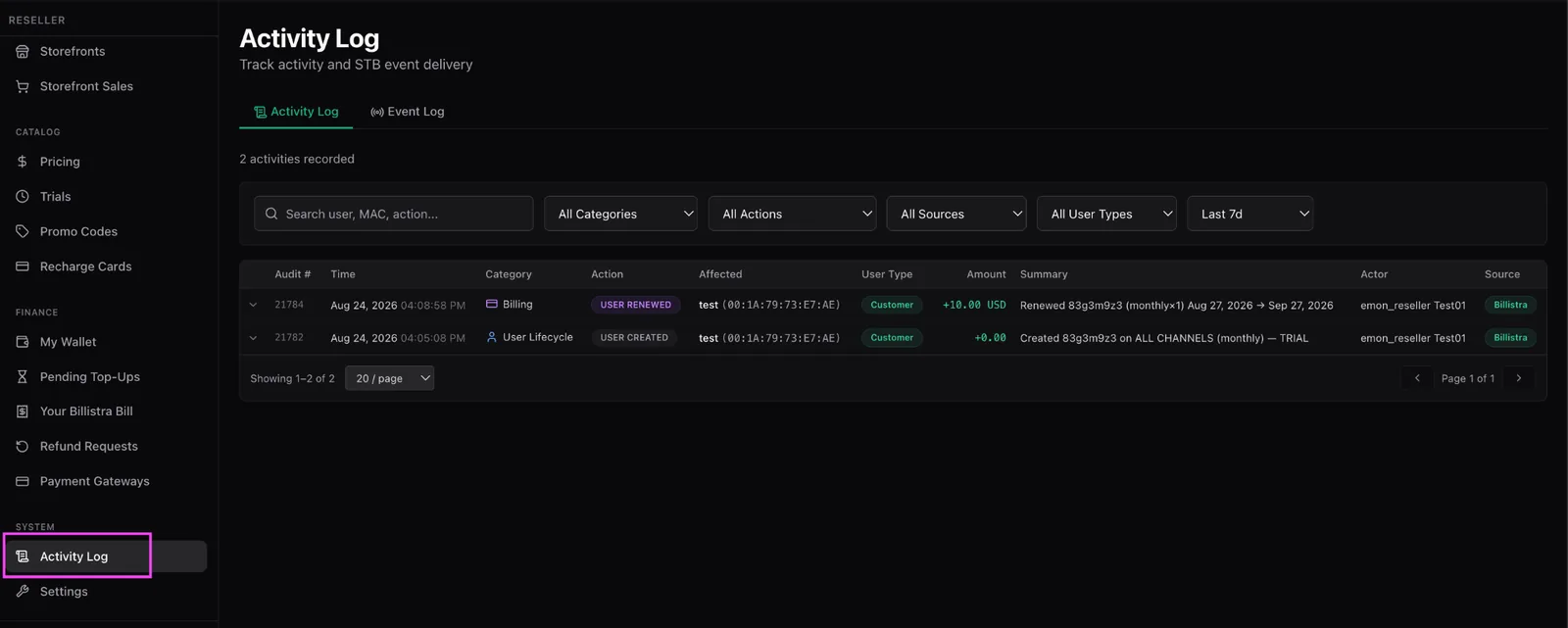 The Activity Log page showing filters for category, action, source, user type and date range, above a table of audit entries with time, category, action, affected user, amount, summary and actor
