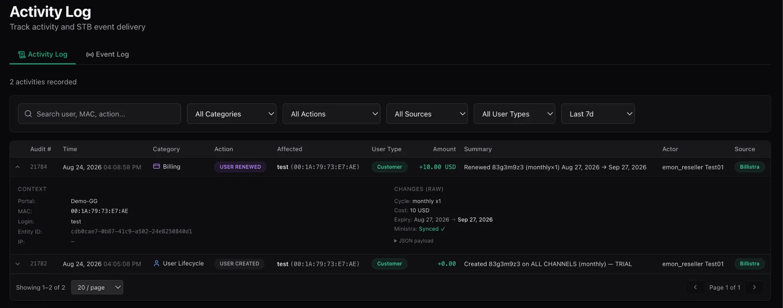 An expanded activity log entry showing context including portal, MAC, login, entity ID and IP alongside the raw changes with cycle, cost, expiry before and after, and Ministra sync status