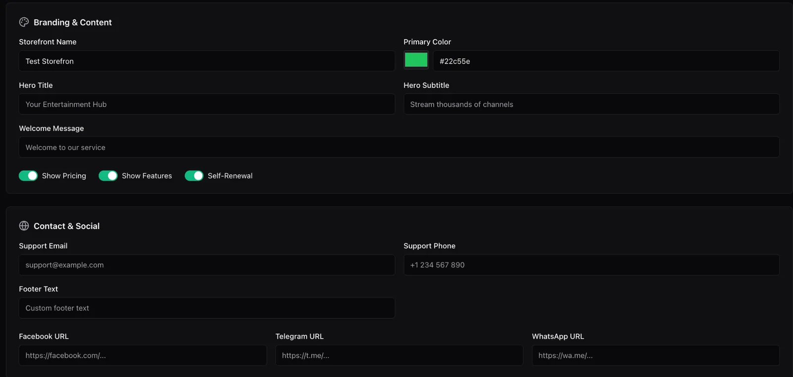 The Branding and Content settings showing storefront name, primary colour picker, hero title, hero subtitle, welcome message, toggles for show pricing, show features and self-renewal, plus support email, phone and social URLs