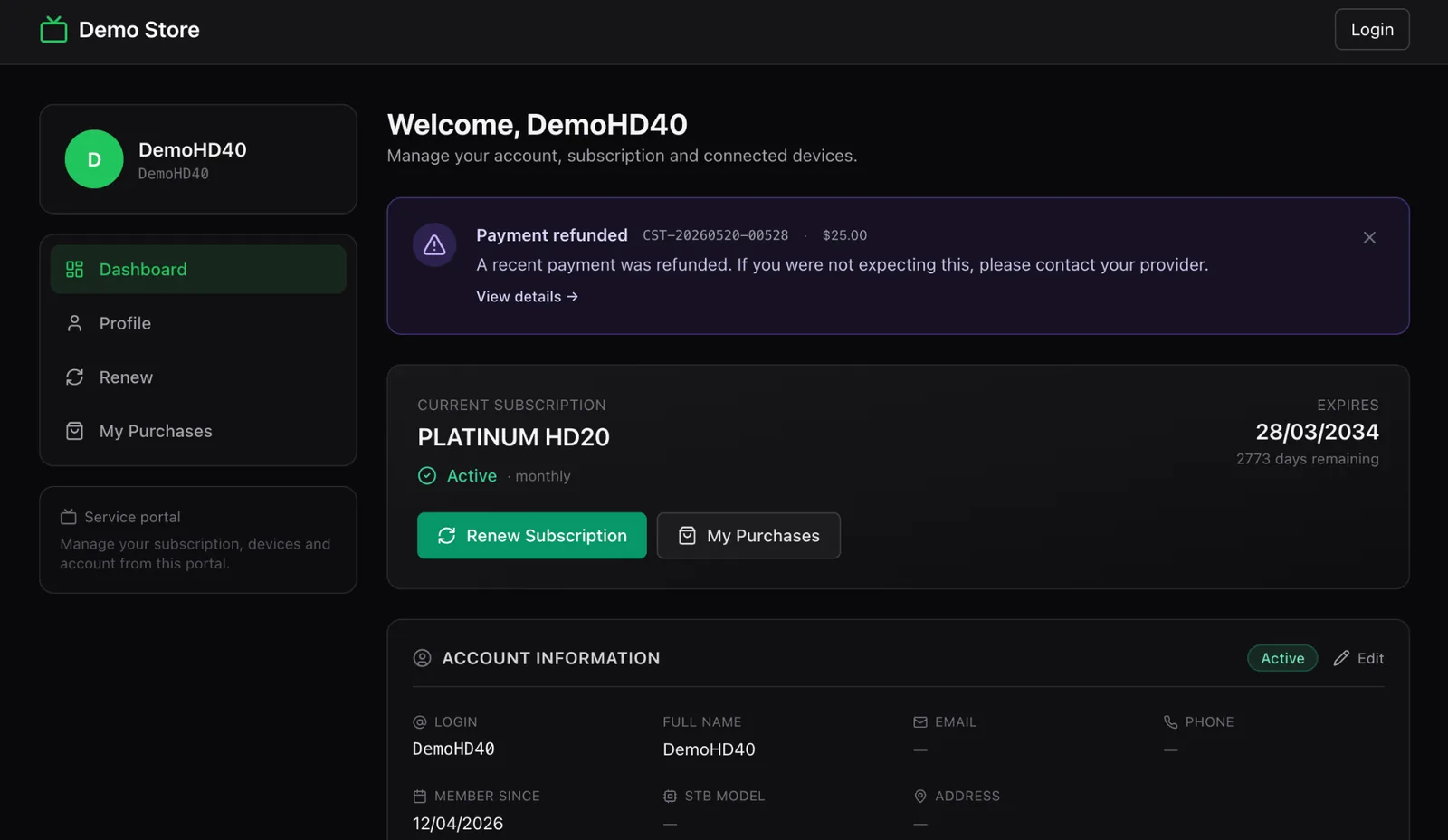 The customer-facing storefront dashboard showing a welcome message, current subscription with expiry date and days remaining, Renew Subscription and My Purchases buttons, and an account information panel