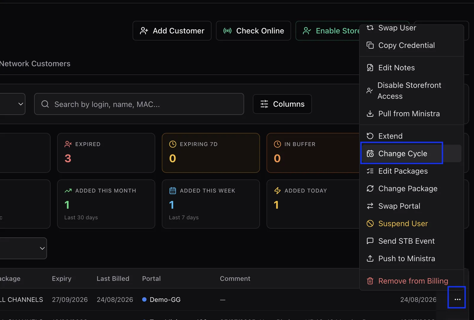 The customer row action menu open with the Change Cycle option highlighted