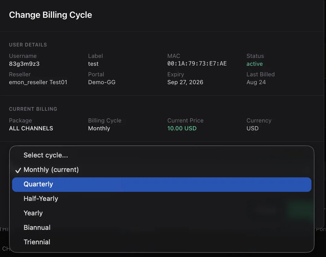 The Change Billing Cycle dialog showing user details, current billing information and the cycle dropdown open with Monthly, Quarterly, Half-Yearly, Yearly, Biannual and Triennial