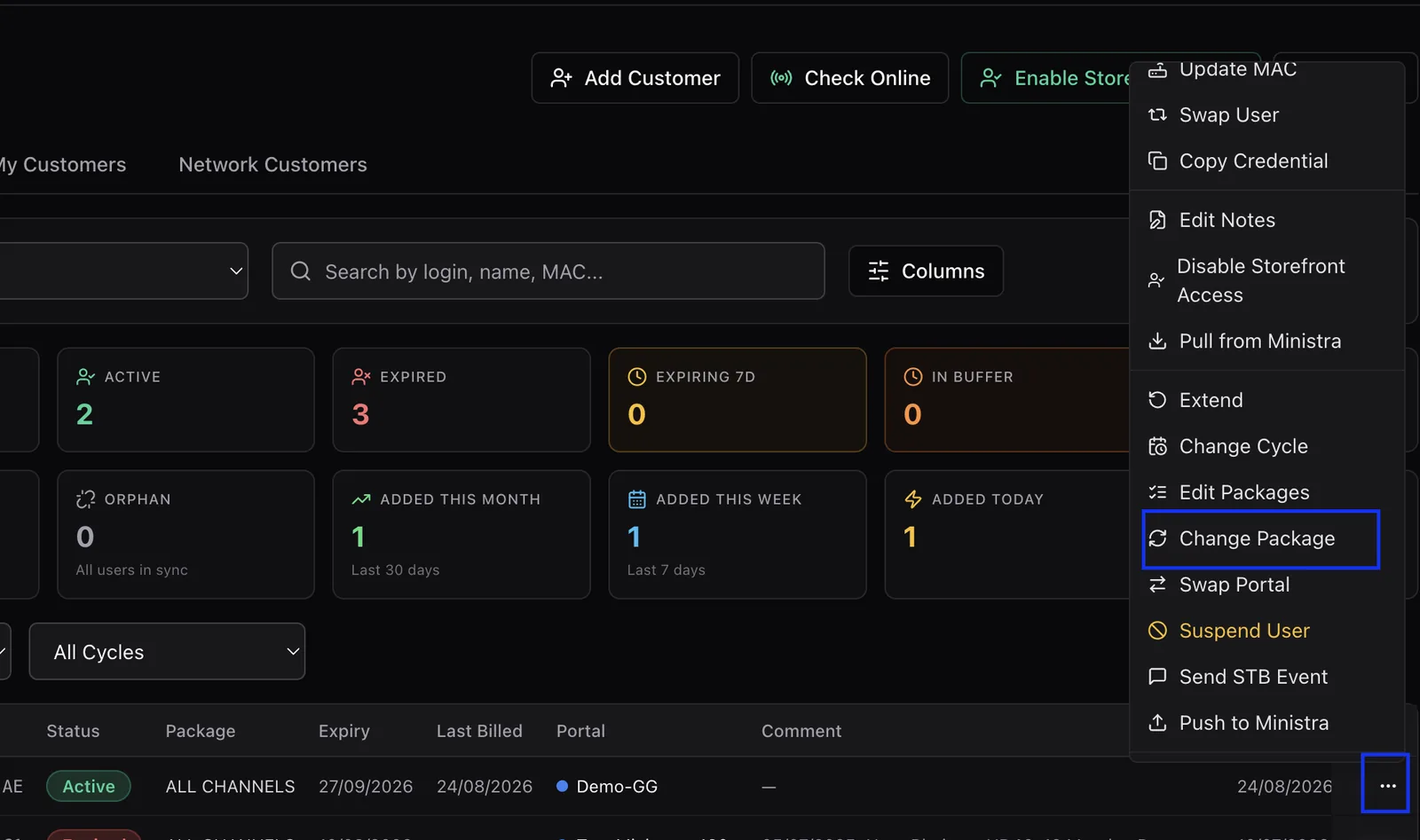 The customer row action menu open with the Change Package option highlighted