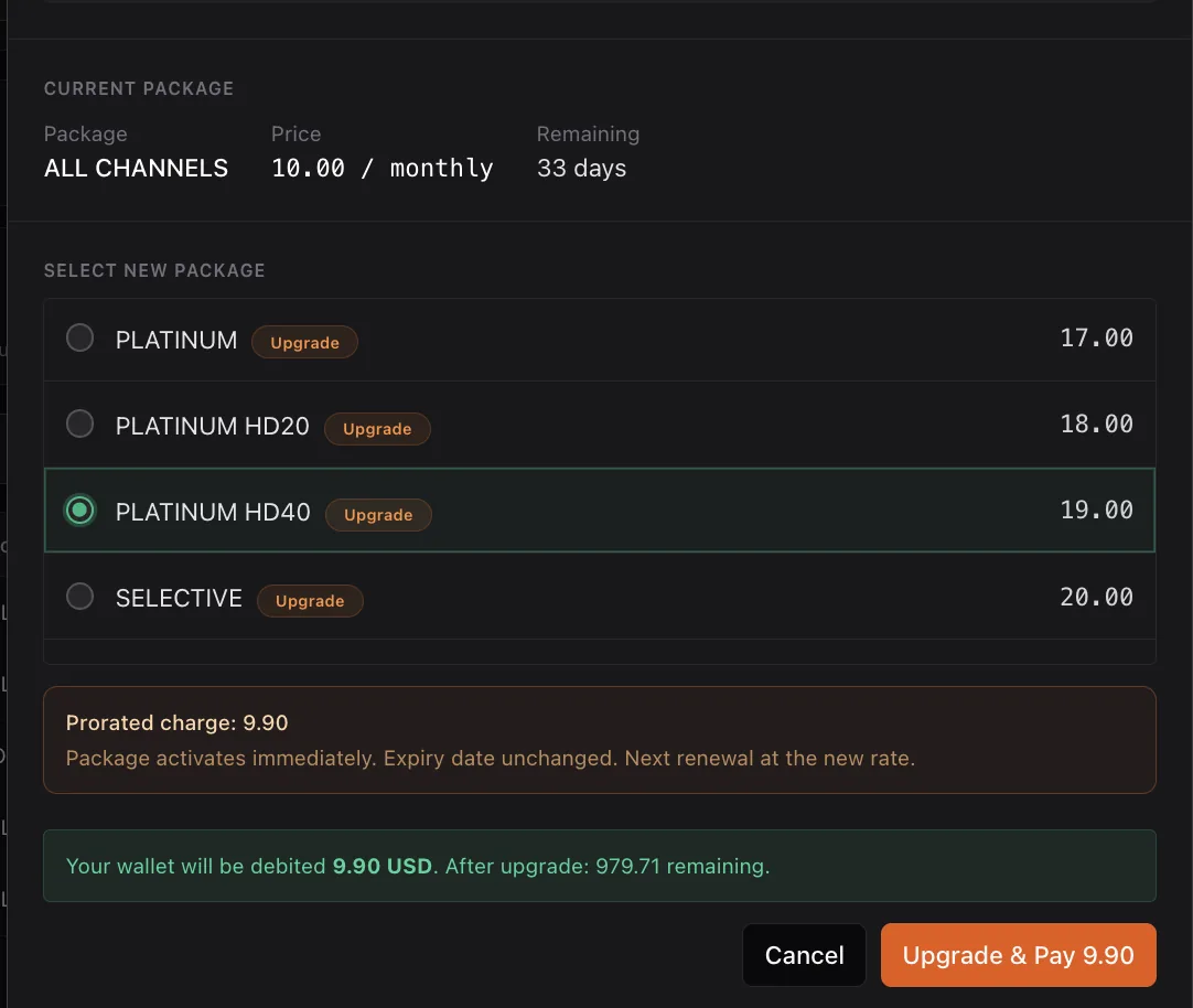 The Change Package dialog showing the current package with days remaining, a list of selectable packages tagged Upgrade, the prorated charge and the resulting wallet balance