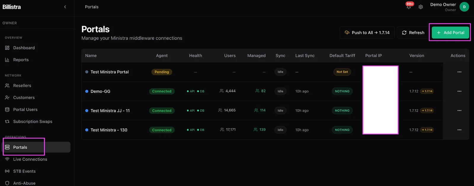 The Portals page listing Ministra middleware connections with agent status, health, user counts, sync state and version, and the Add Portal button highlighted