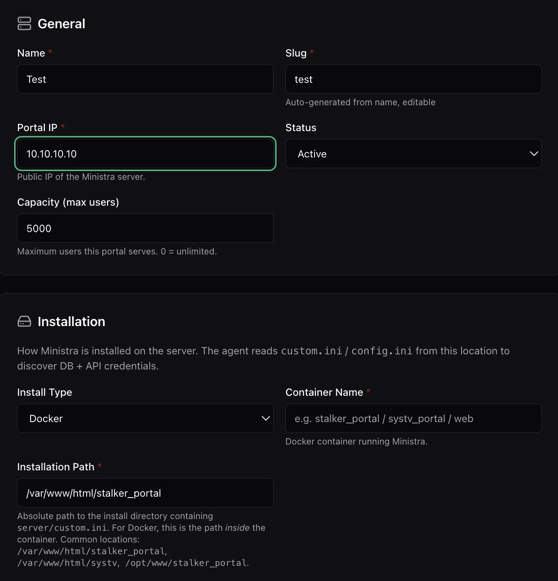 The General and Installation sections of Add Portal showing name, slug, portal IP, status, capacity, install type set to Docker, container name and installation path