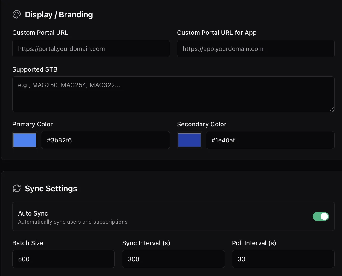 The Display and Branding section with custom portal URLs, supported STB models and colour pickers, above Sync Settings with auto sync enabled, batch size, sync interval and poll interval