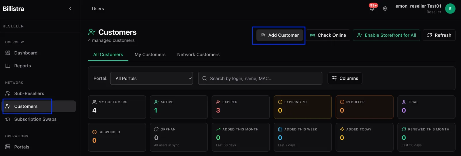 The Customers list in Billistra with the Add Customer button highlighted in the top right