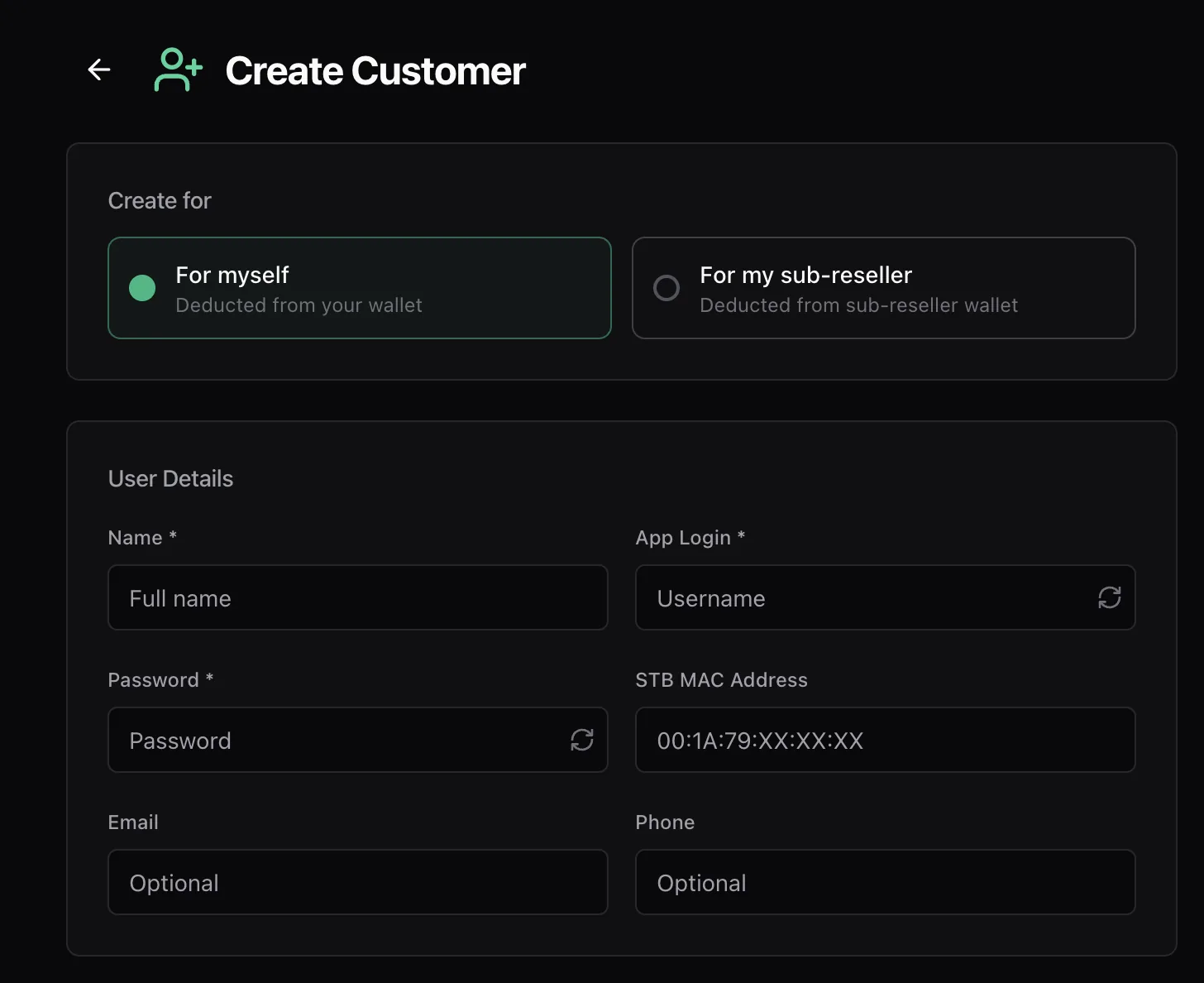 The Create Customer form showing the Create for choice and the User Details fields for name, app login, password, MAC address, email and phone