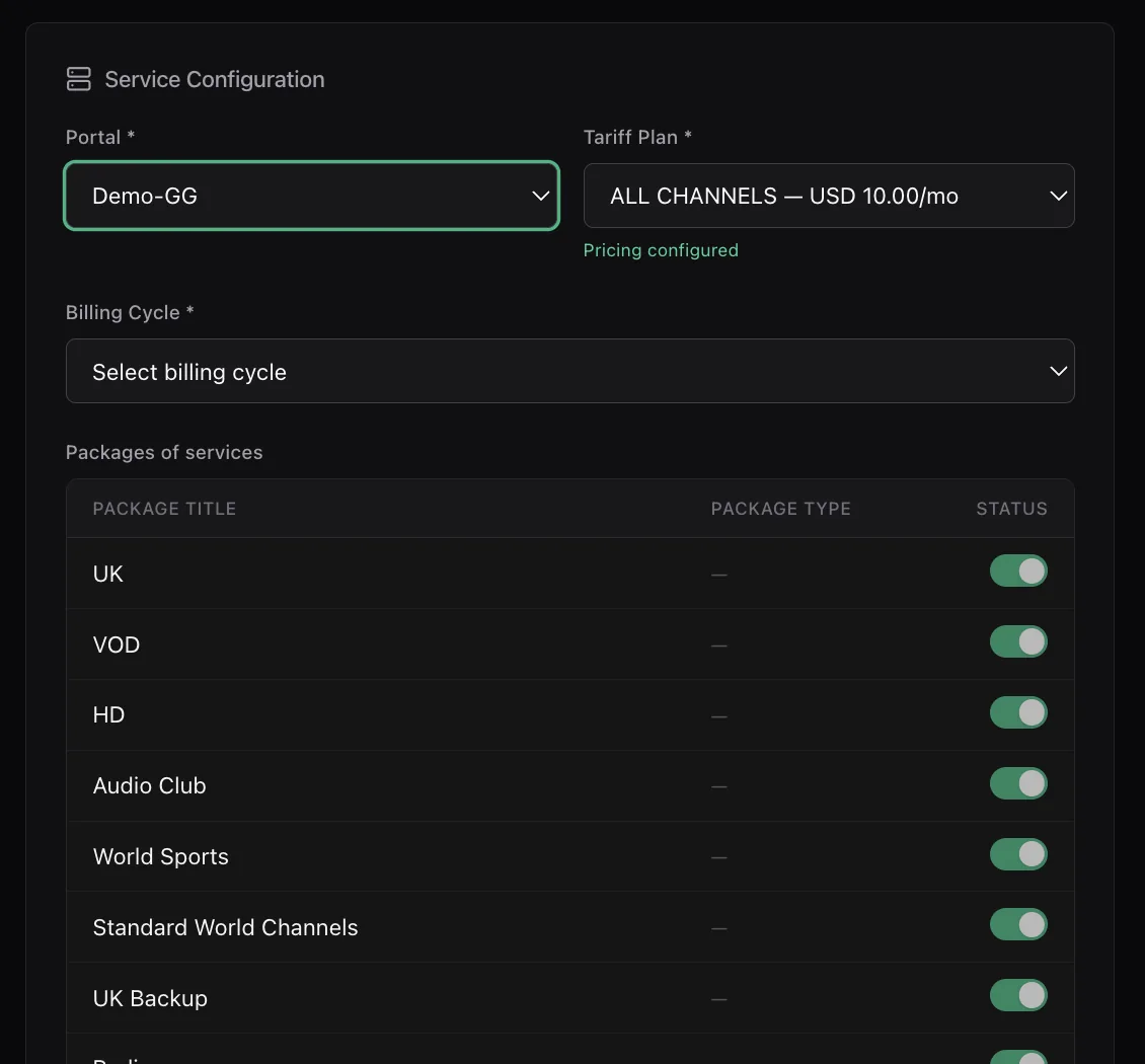The Service Configuration panel with portal and tariff plan selected and a list of package services with on/off toggles