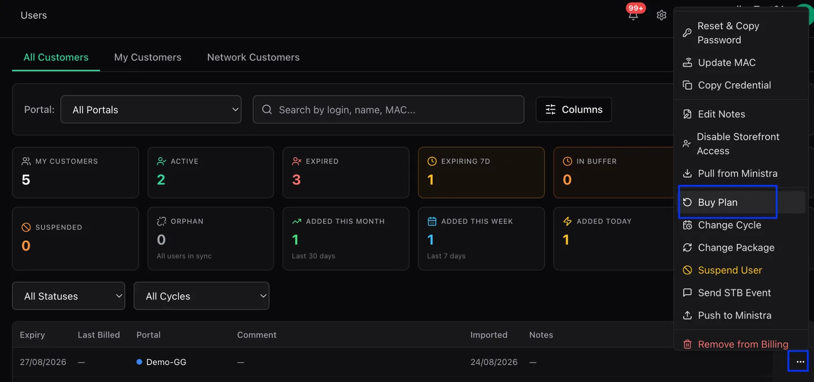 The customer row action menu open with the Buy Plan option highlighted