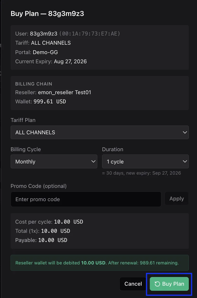 The Buy Plan popup showing the billing chain, wallet balance, tariff plan, billing cycle, duration, promo code field and the total payable