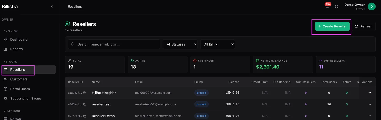 The Resellers page showing totals for resellers, active, suspended, network balance and sub-resellers, with the Create Reseller button highlighted