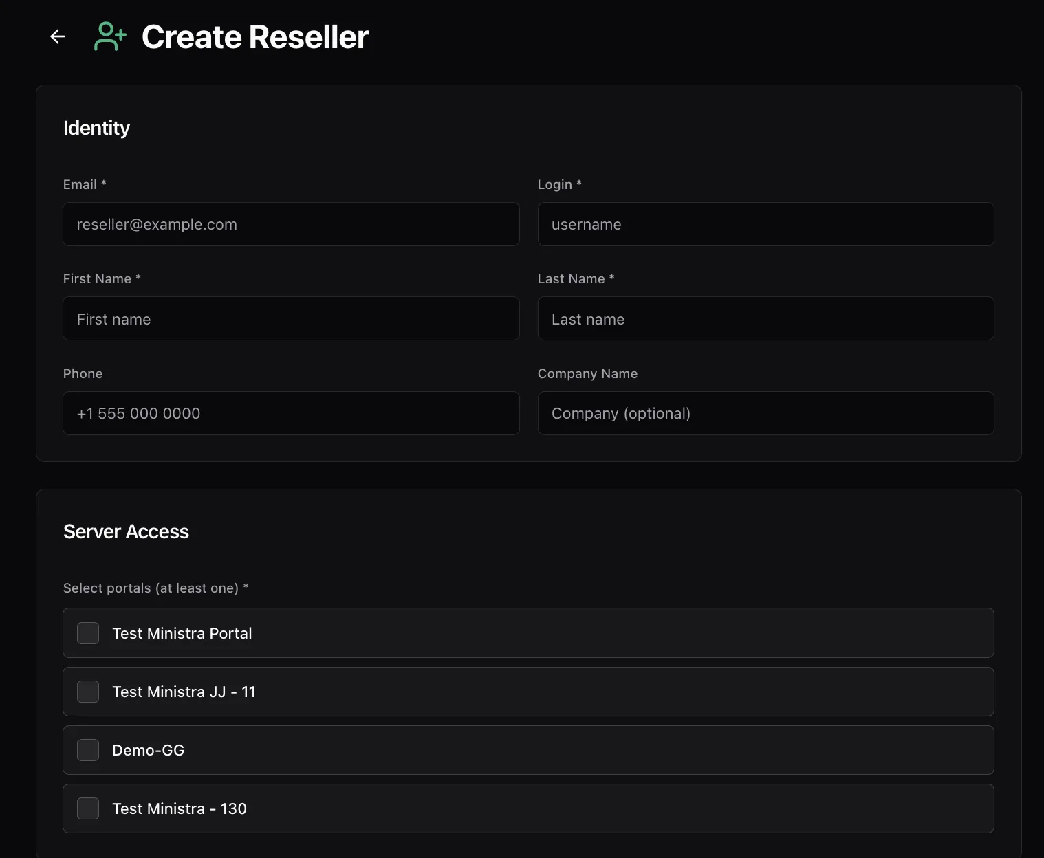 The Create Reseller form showing the Identity section with email, login, first and last name, and the Server Access section listing portals with checkboxes