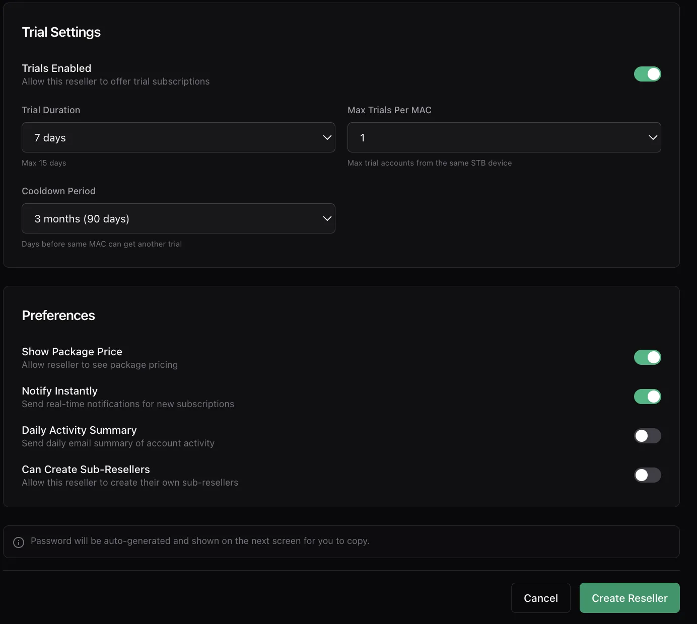 The Trial Settings and Preferences sections showing trial duration, max trials per MAC, cooldown period, and toggles for show package price, notify instantly, daily activity summary and can create sub-resellers