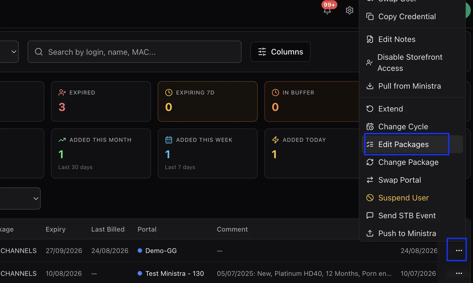 The customer row action menu open with the Edit Packages option highlighted
