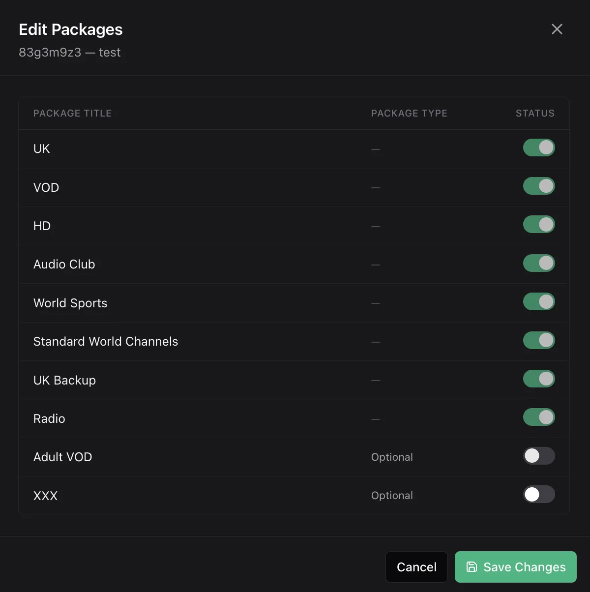 The Edit Packages dialog listing services such as UK, VOD, HD, Audio Club, World Sports, Radio, Adult VOD and XXX, each with an on/off toggle