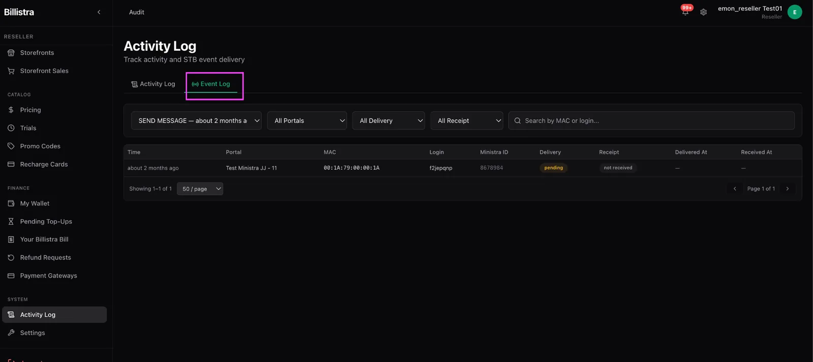 The Event Log tab showing filters for event, portal, delivery status and receipt status, above a table with time, portal, MAC, login, Ministra ID, delivery status, receipt status and delivered and received timestamps
