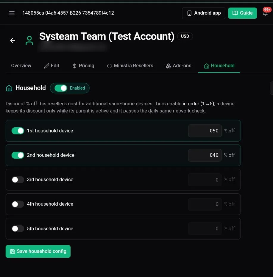 A reseller's Household tab with the Household toggle enabled and five tiers: 1st household device at 50% off and 2nd at 40% off are switched on, while the 3rd, 4th and 5th are switched off