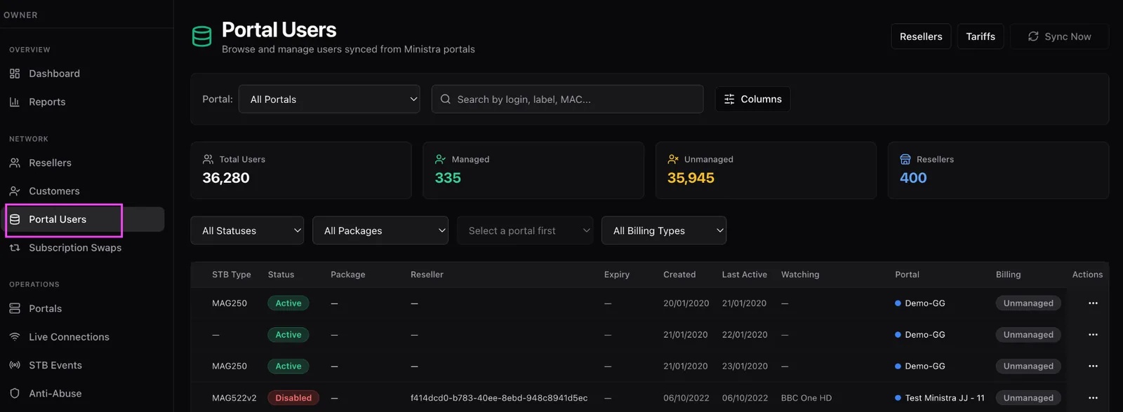 The Portal Users page showing total users, managed, unmanaged and reseller counts above a table of users with STB type, status, package, reseller, expiry, portal and billing state