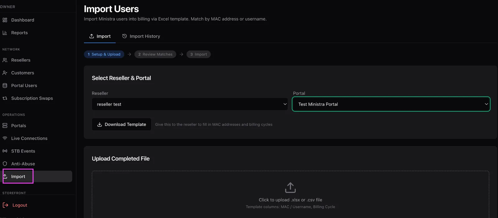 The Import Users page showing a three-step progress bar of Setup and Upload, Review Matches and Import, with reseller and portal selectors, a Download Template button and an upload area