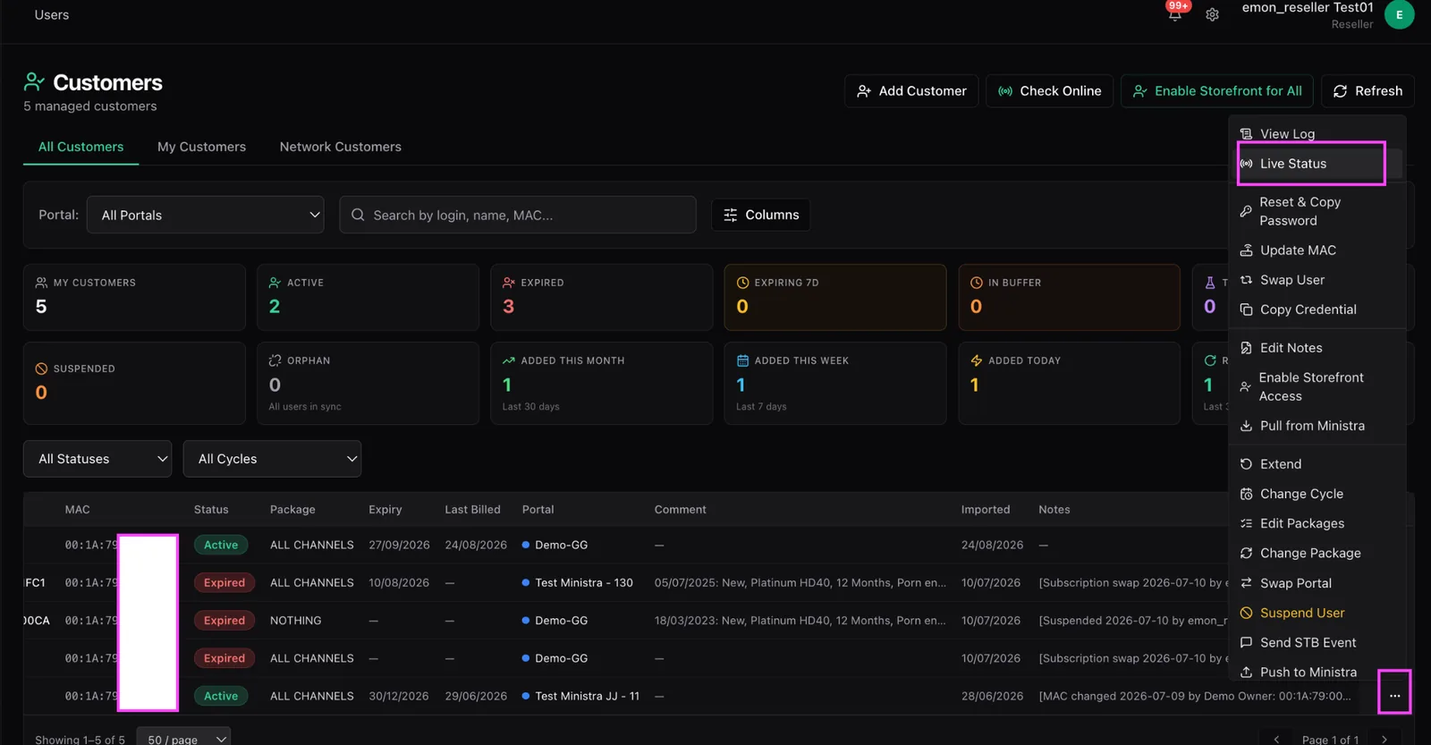 The customer row action menu open with Live Status highlighted at the top, above View Log and the other per-customer actions