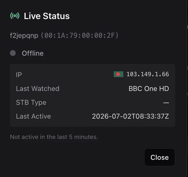 The Live Status dialog showing an offline device with its IP address and country flag, last watched channel, STB type and last active timestamp