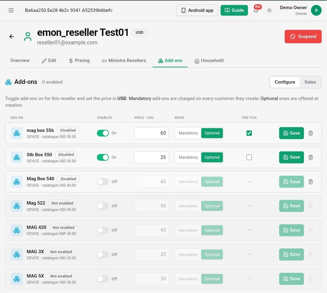 A reseller's Add-ons tab listing the catalogue with Enabled toggles, a per-reseller price in USD, a Mandatory or Optional mode switch, a Pre-tick checkbox, and Save and delete buttons on each row