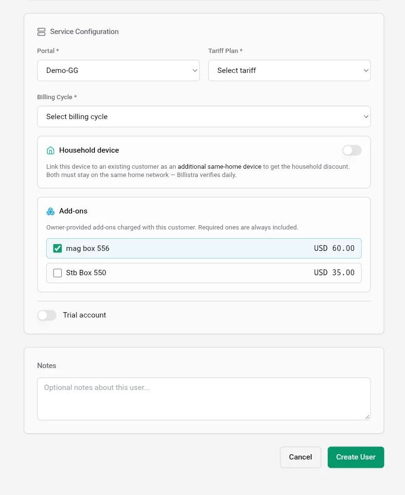 The customer creation form's Service Configuration panel with an Add-ons section listing mag box 556 for USD 60.00, ticked, and Stb Box 550 for USD 35.00, unticked