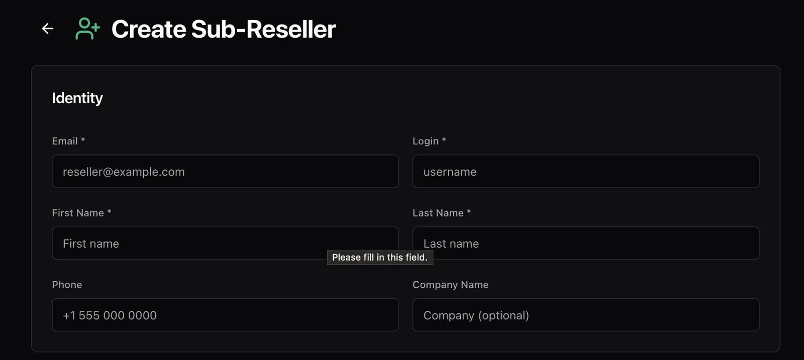 The Create Sub-Reseller form Identity section with email, login, first name, last name, phone and company name fields