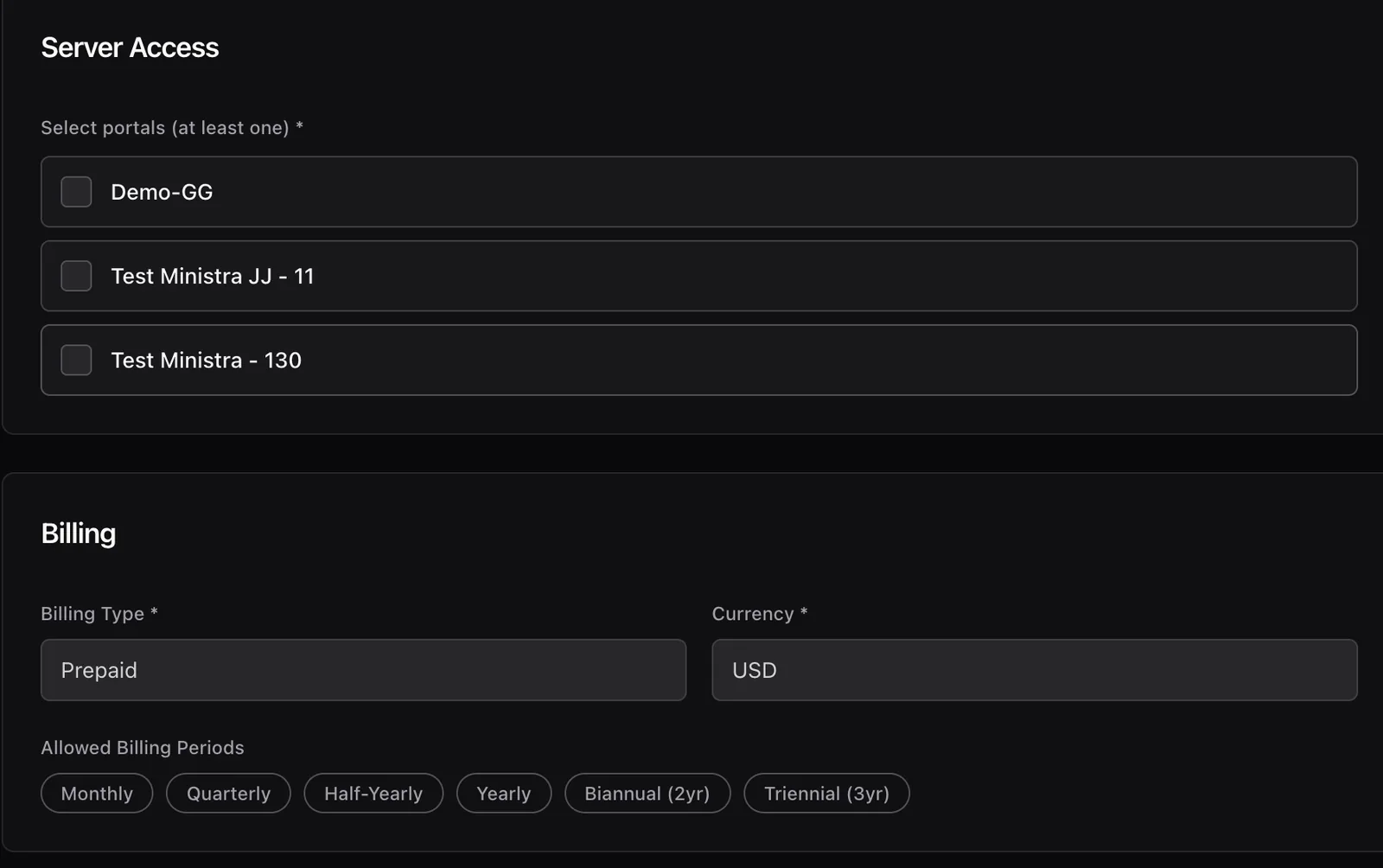 The Server Access section listing selectable portals with checkboxes, and a Billing section with billing type, currency and allowed billing periods such as monthly, quarterly, yearly, biannual and triennial