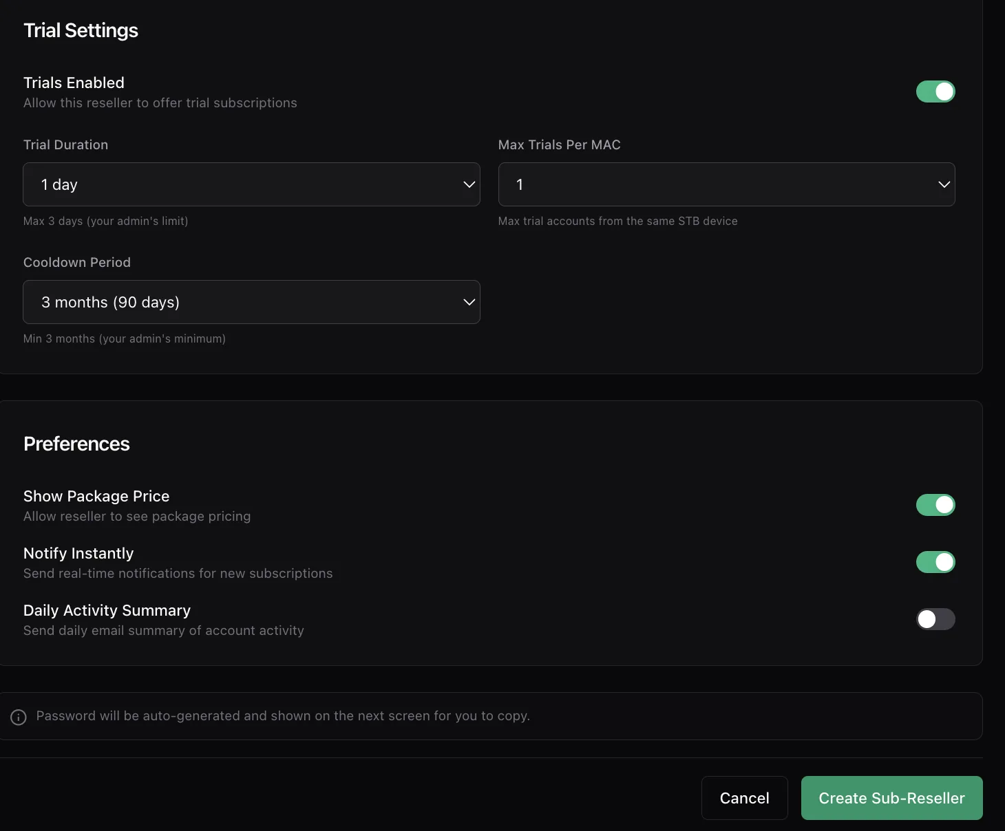 The Trial Settings and Preferences sections showing trials enabled, trial duration, max trials per MAC, cooldown period, and toggles for show package price, notify instantly and daily activity summary