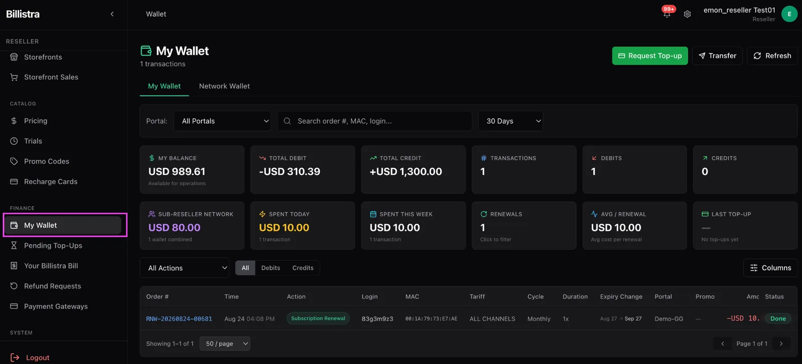 The My Wallet page showing balance, total debit, total credit, transaction count, sub-reseller network balance, spend today and this week, renewals, average per renewal and last top-up, above a transaction table