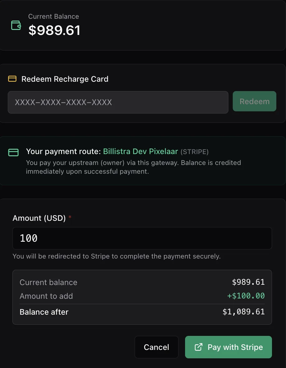 The top-up dialog showing the current balance, a recharge card redemption field, the payment route through Stripe, an amount field and a preview of the balance after payment