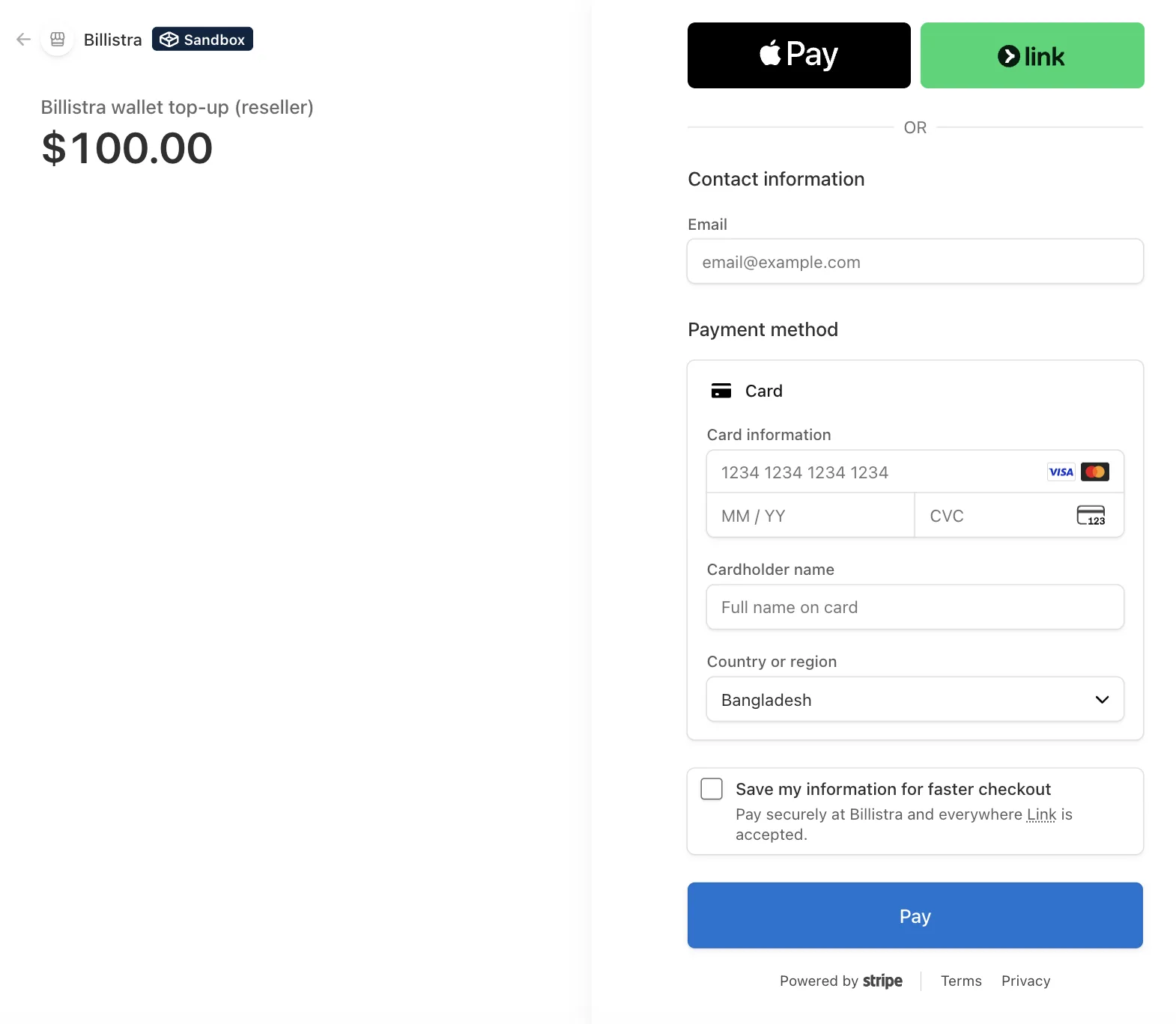 The hosted Stripe checkout page showing the top-up amount, Apple Pay and Link buttons, and a card payment form