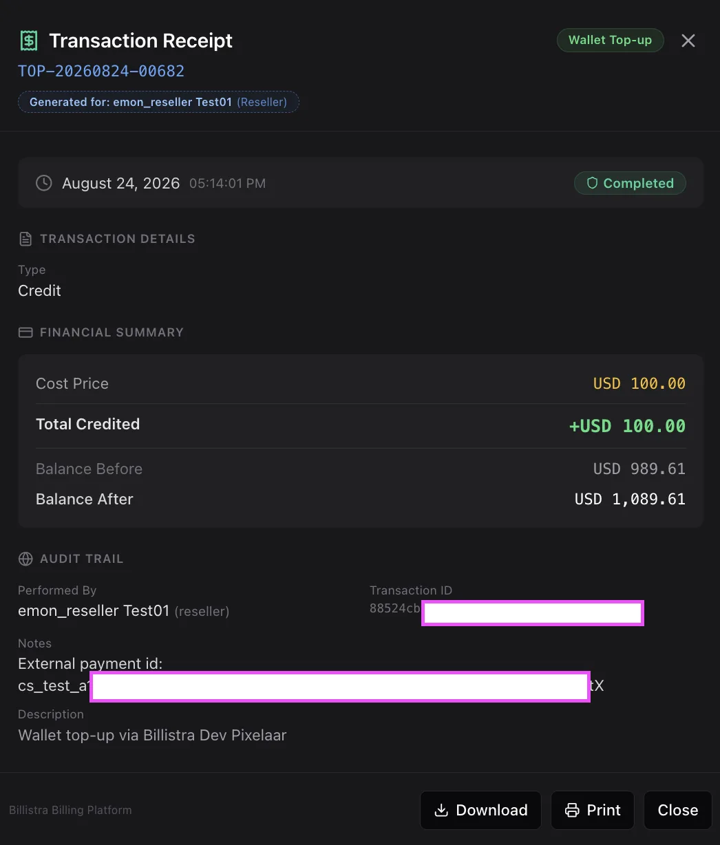 A transaction receipt showing a completed wallet top-up with financial summary, audit trail, external payment id and Download, Print and Close buttons