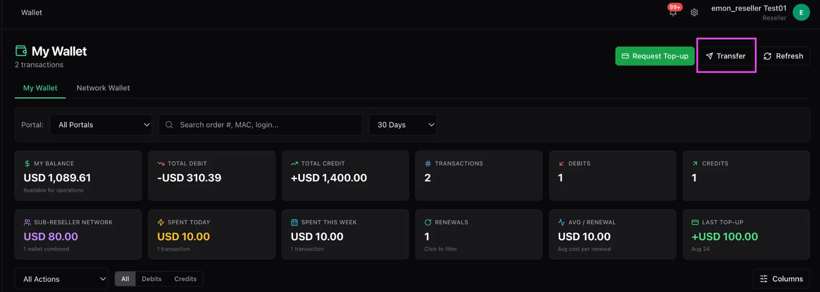The wallet header with the Transfer button highlighted, showing a balance of USD 1,089.61