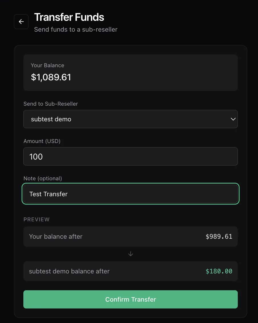 The Transfer Funds dialog showing your balance, a sub-reseller dropdown, an amount, an optional note and a preview of both balances after the transfer