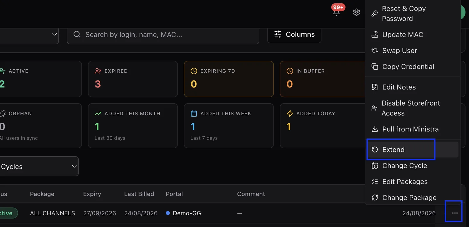 The customer row action menu open with the Extend option highlighted