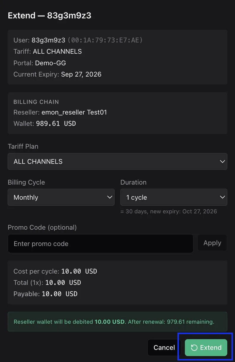 The Extend popup showing the current expiry, tariff plan, billing cycle, duration, the resulting new expiry date and the total payable