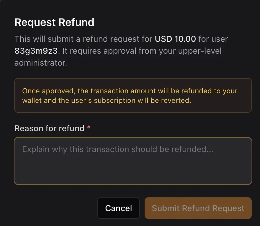 The Request Refund dialog explaining that the request needs approval from an upper-level administrator, with a required reason field