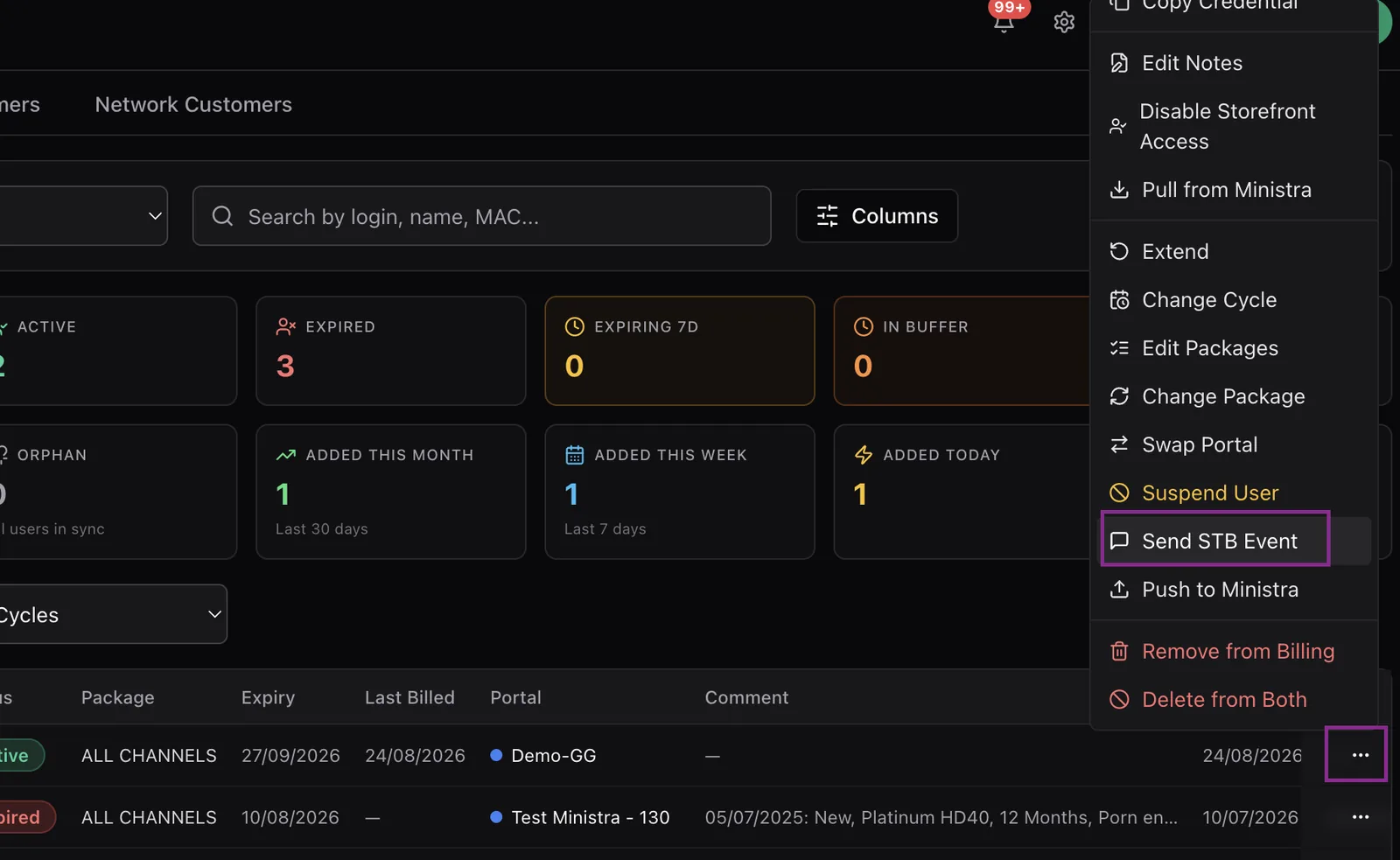 The customer row action menu open with the Send STB Event option highlighted