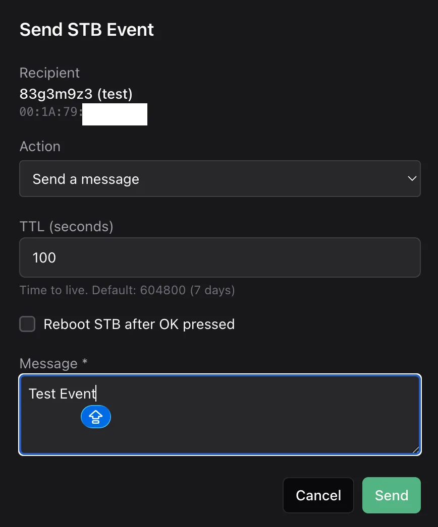 The Send STB Event dialog with recipient, action set to Send a message, a TTL field, a reboot checkbox and a message body
