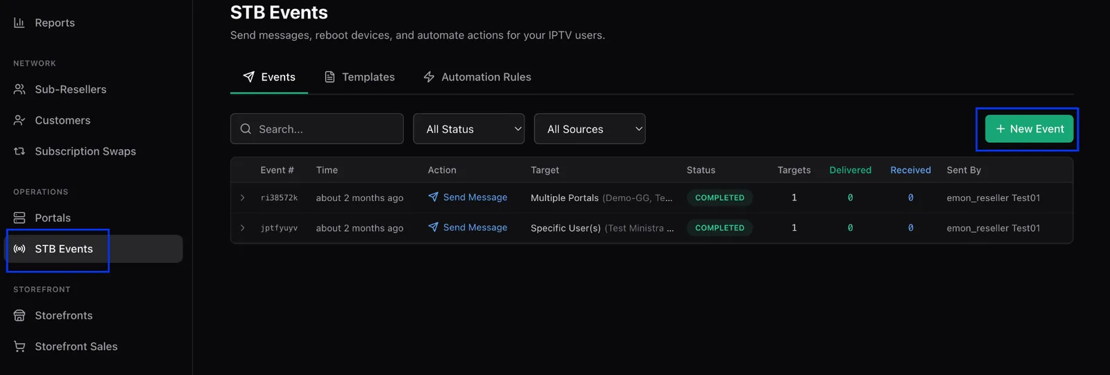 The STB Events page showing the Events tab with a table of past events and the New Event button highlighted