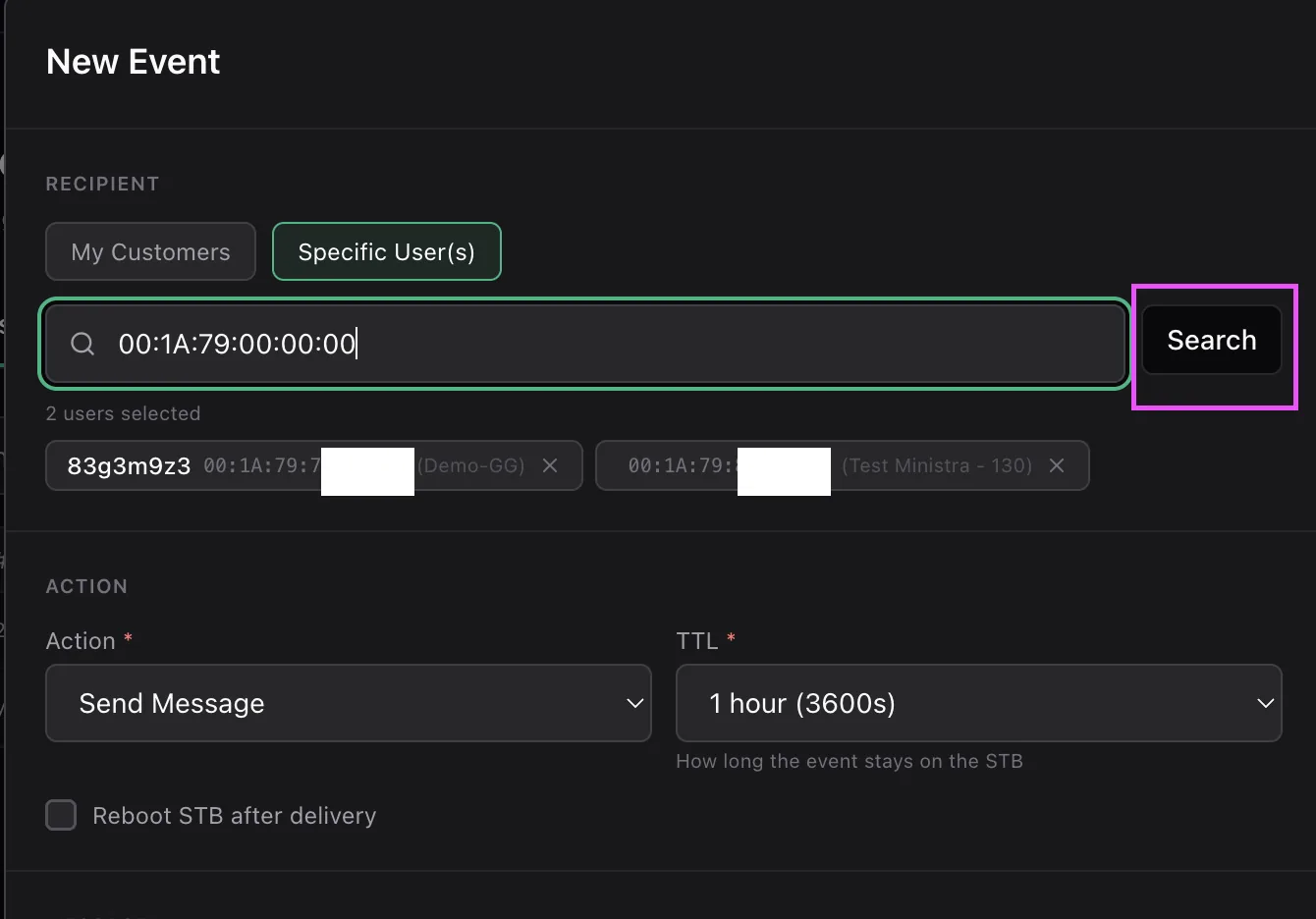 The New Event dialog with Specific Users selected, a MAC address search box, a Search button and two selected users shown as removable chips