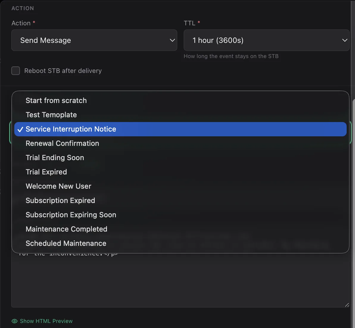 The message template dropdown open showing Start from scratch plus templates such as Service Interruption Notice, Renewal Confirmation, Trial Ending Soon and Scheduled Maintenance