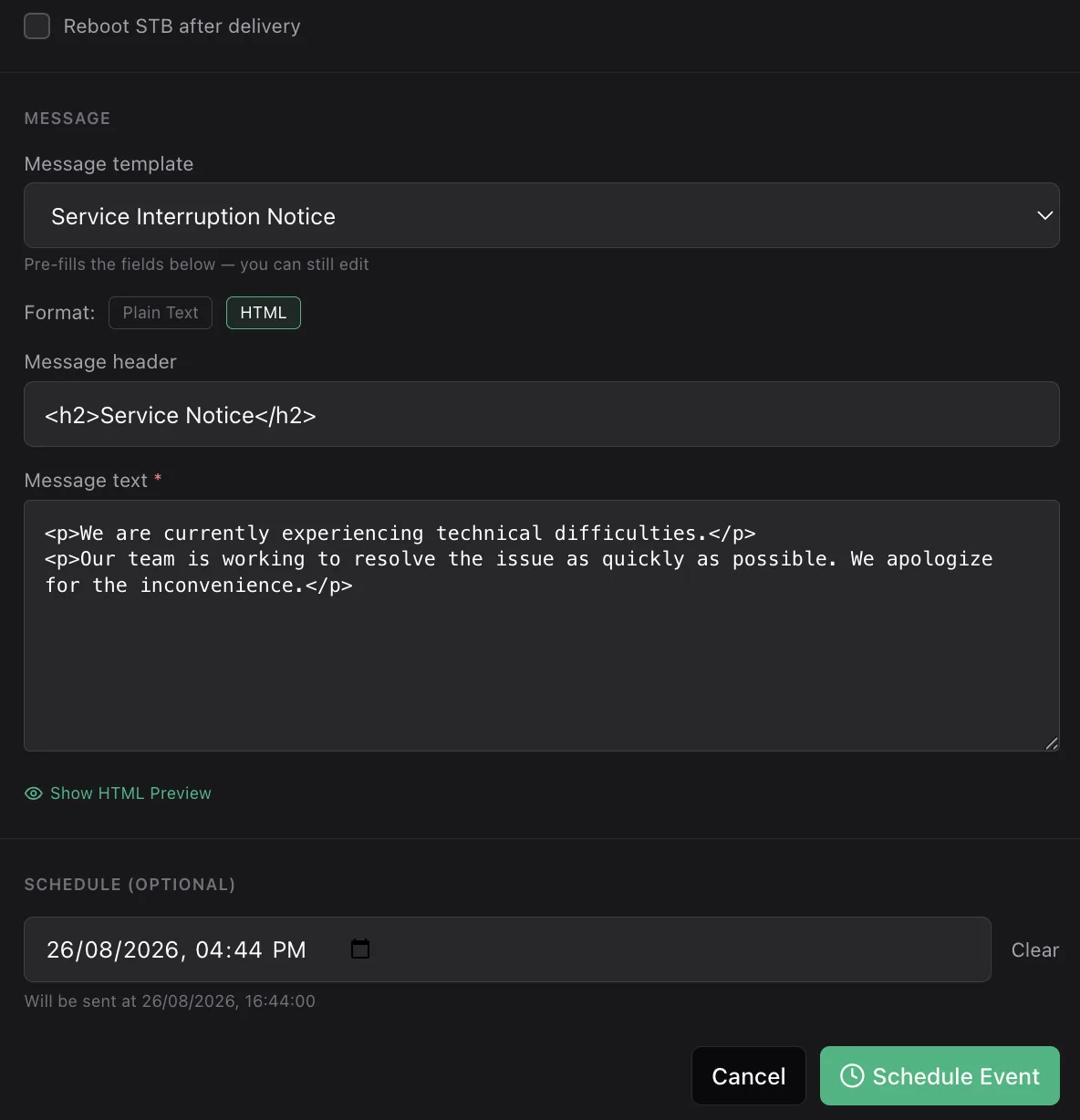 The message section of the New Event dialog showing a template applied, a Plain Text and HTML format switch, a message header, a message body and an optional schedule field