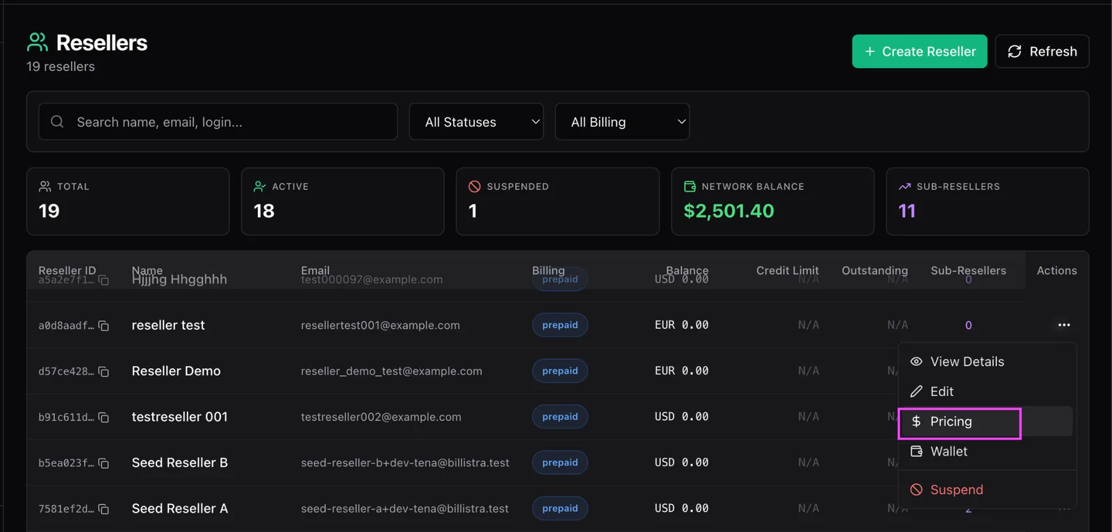 The Resellers list with a row action menu open showing View Details, Edit, Pricing, Wallet and Suspend, with Pricing highlighted