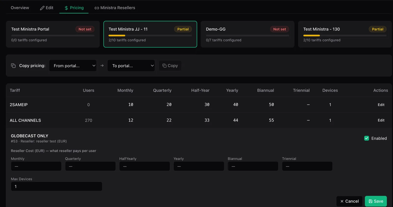 The reseller Pricing tab showing four portal cards marked Not set or Partial with progress bars, a copy pricing control, and a tariff table with an expanded row of editable per-cycle price fields