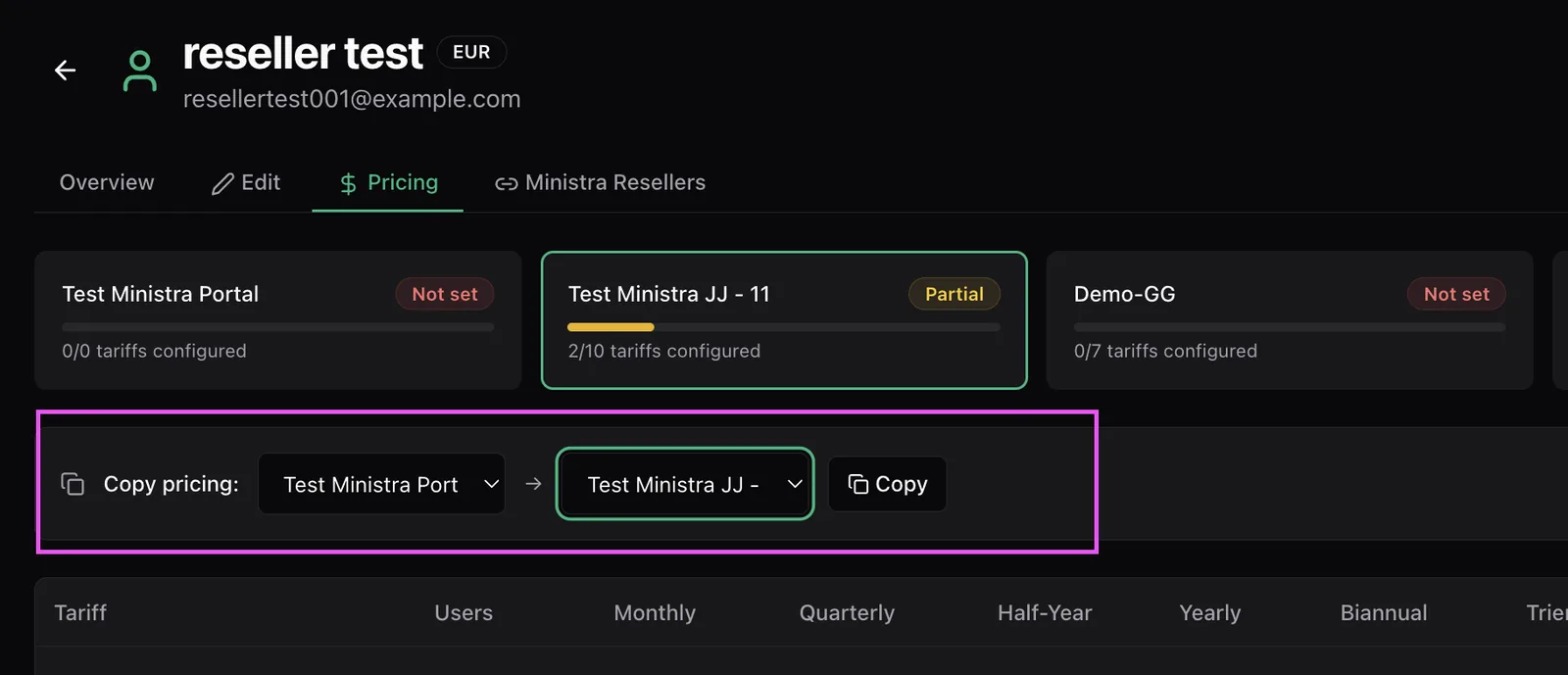 The Copy pricing control with a from-portal dropdown, a to-portal dropdown and a Copy button, above the tariff table